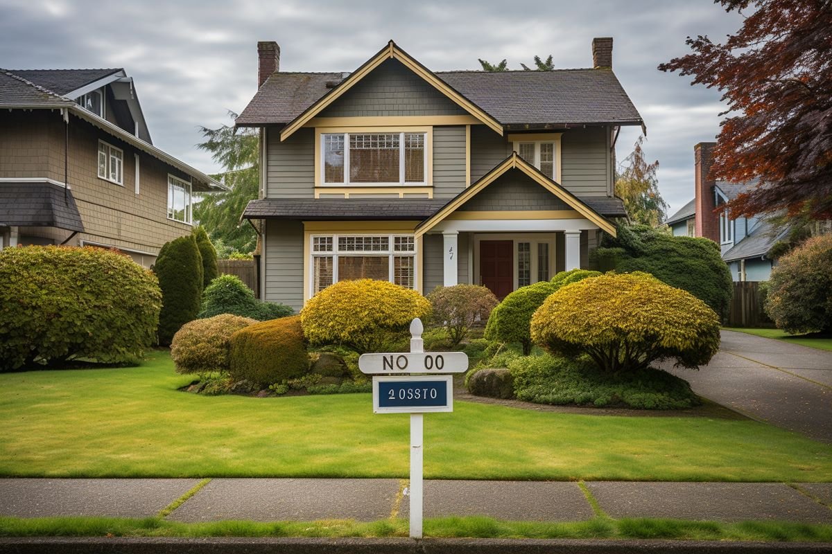 Casa en venta con letrero frente al jardín