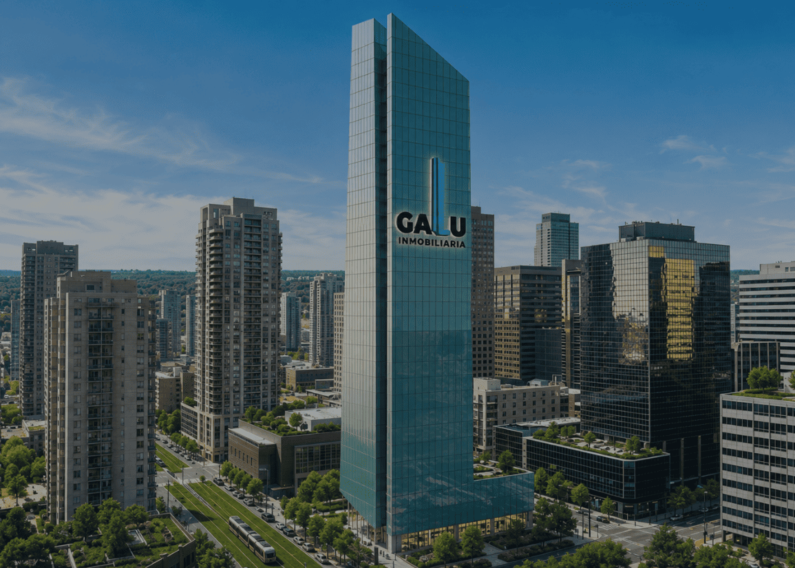 Ciudad con un edificio que lleva la marca GALU Inmobiliaria