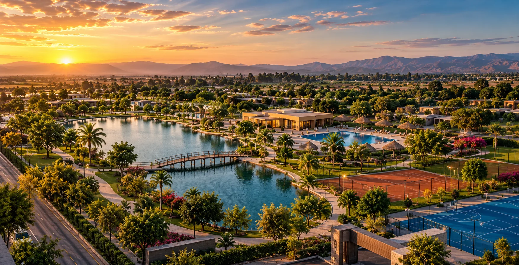 Vista aérea de un condominio con lago, piscina y áreas deportivas al atardecer